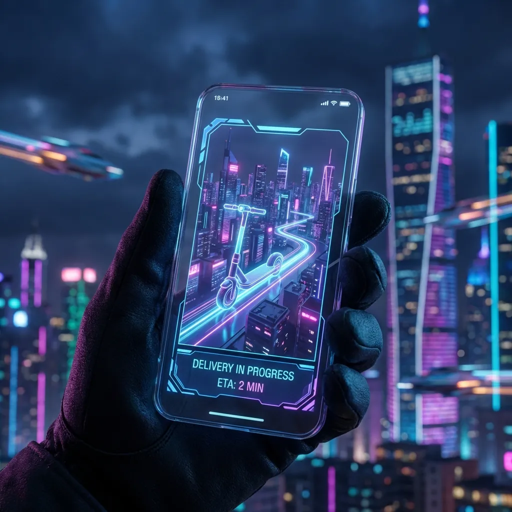 Hand holding phone with futuristic delivery app concept