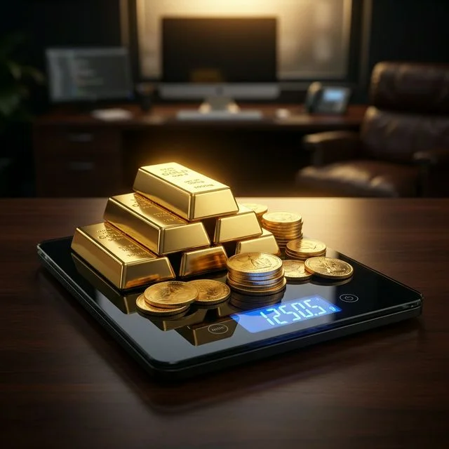 현대적인 디지털 저울 위에 놓인 골드바와 금화