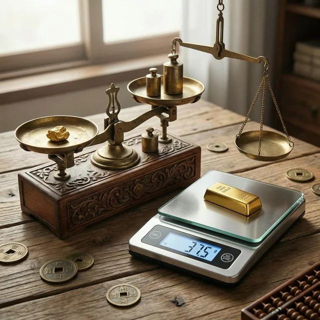 전통 척관법 단위인 '돈'과 현대적 그램(g) 단위의 무게 비교